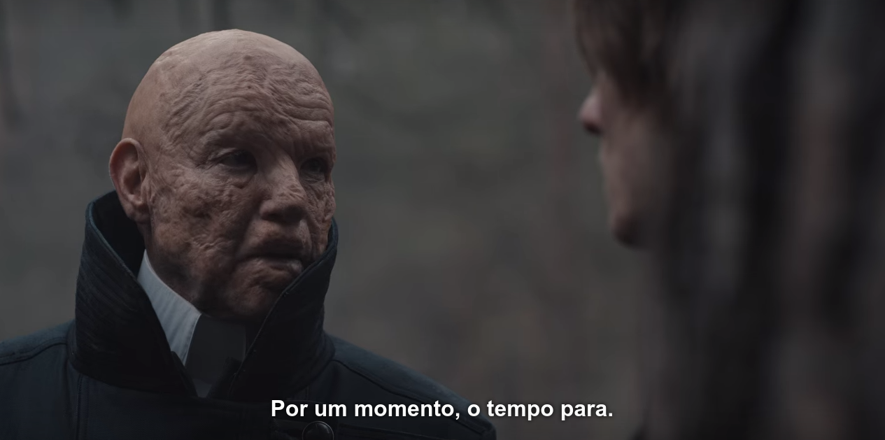 Cena de T03E08 com Adão dizendo a Jonas, logo na saída das cavernas, no mundo de Eva: 'Por um momento, o tempo para'.